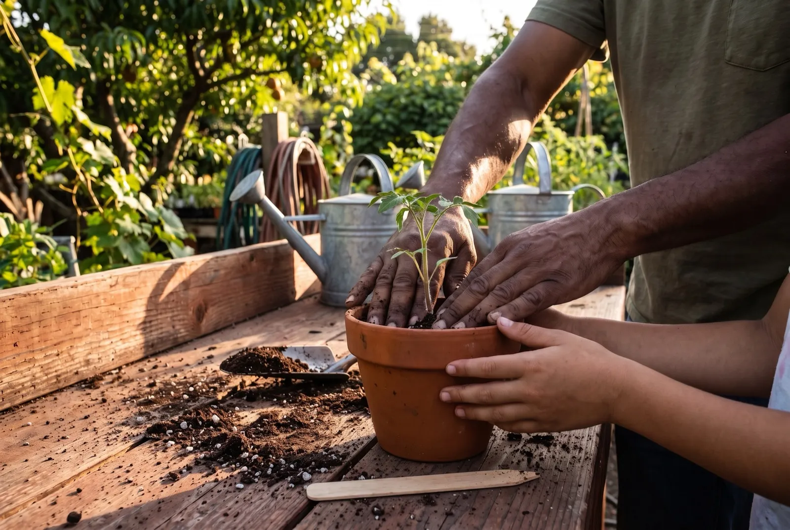 Hands lowering a seedling into farm soil