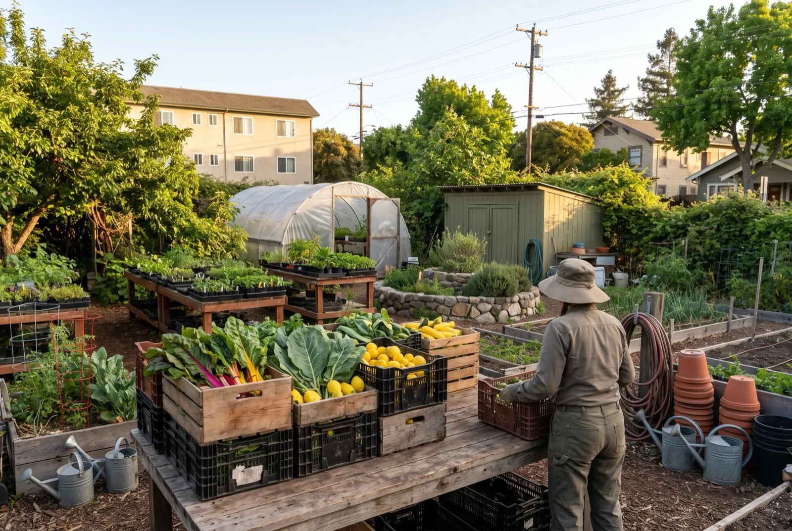 Crates of harvested produce ready to share