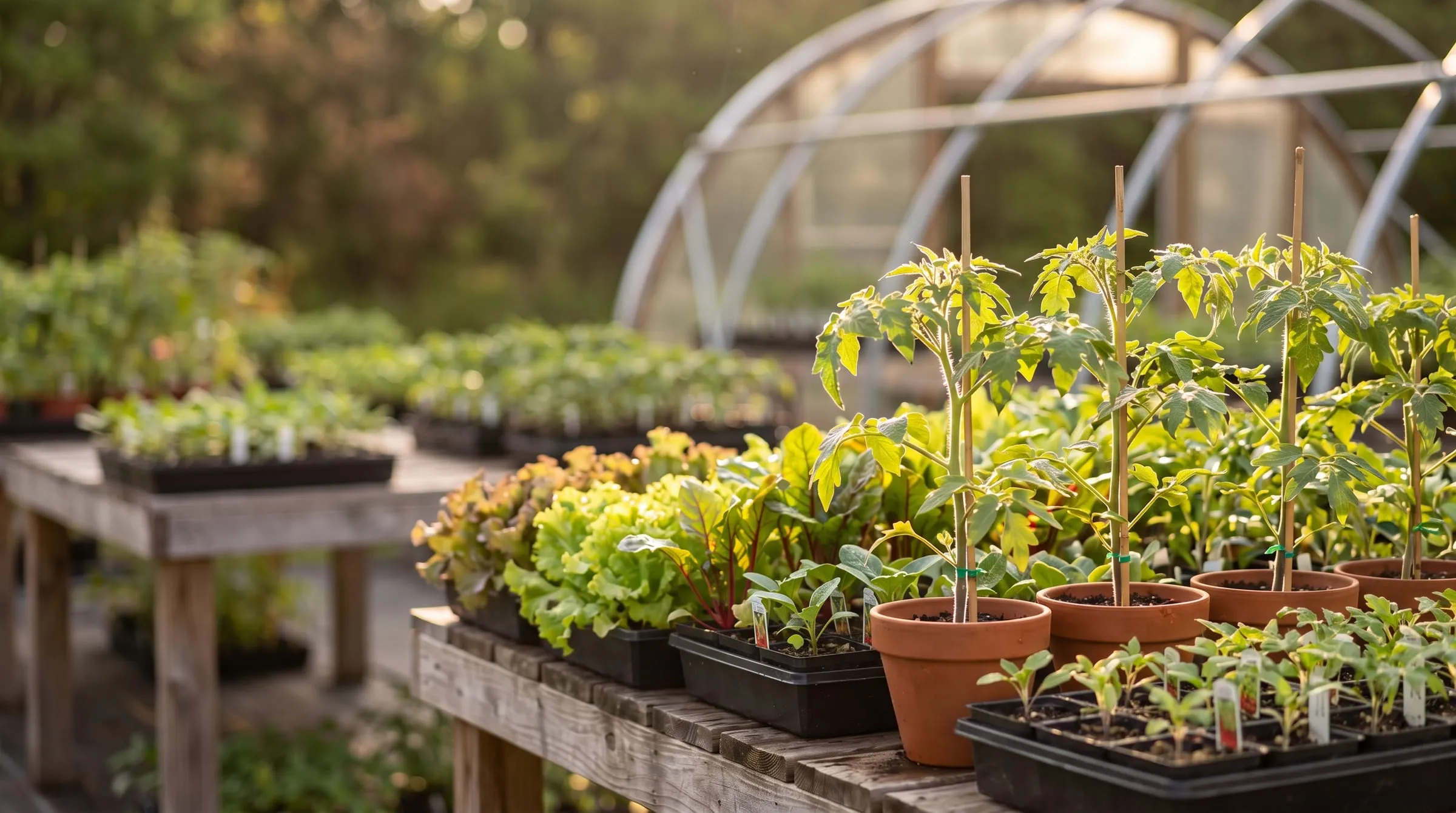 Healthy vegetable starts crowding a nursery table at golden hour, the hoop greenhouse soft behind them