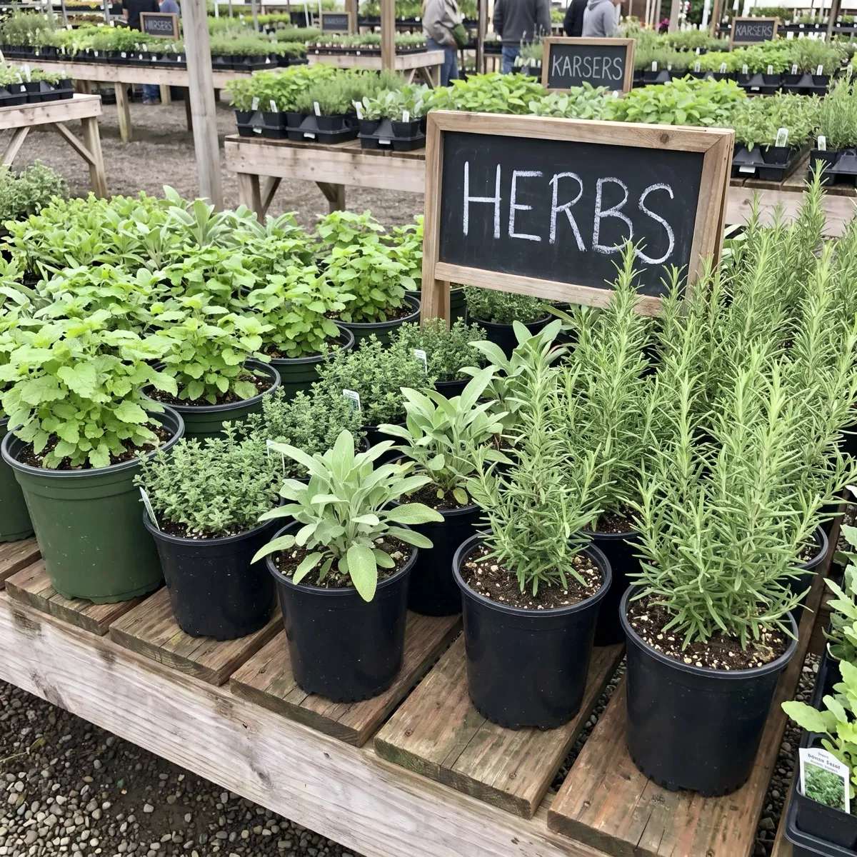 The herb table crowded with rosemary, thyme, and sage