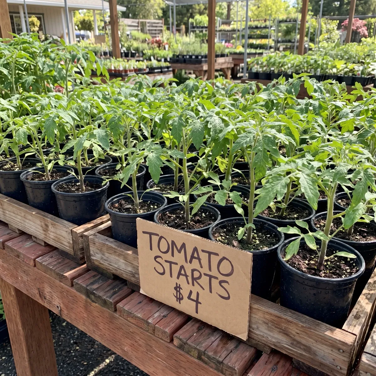 Rows of tomato starts in four-packs on a nursery table