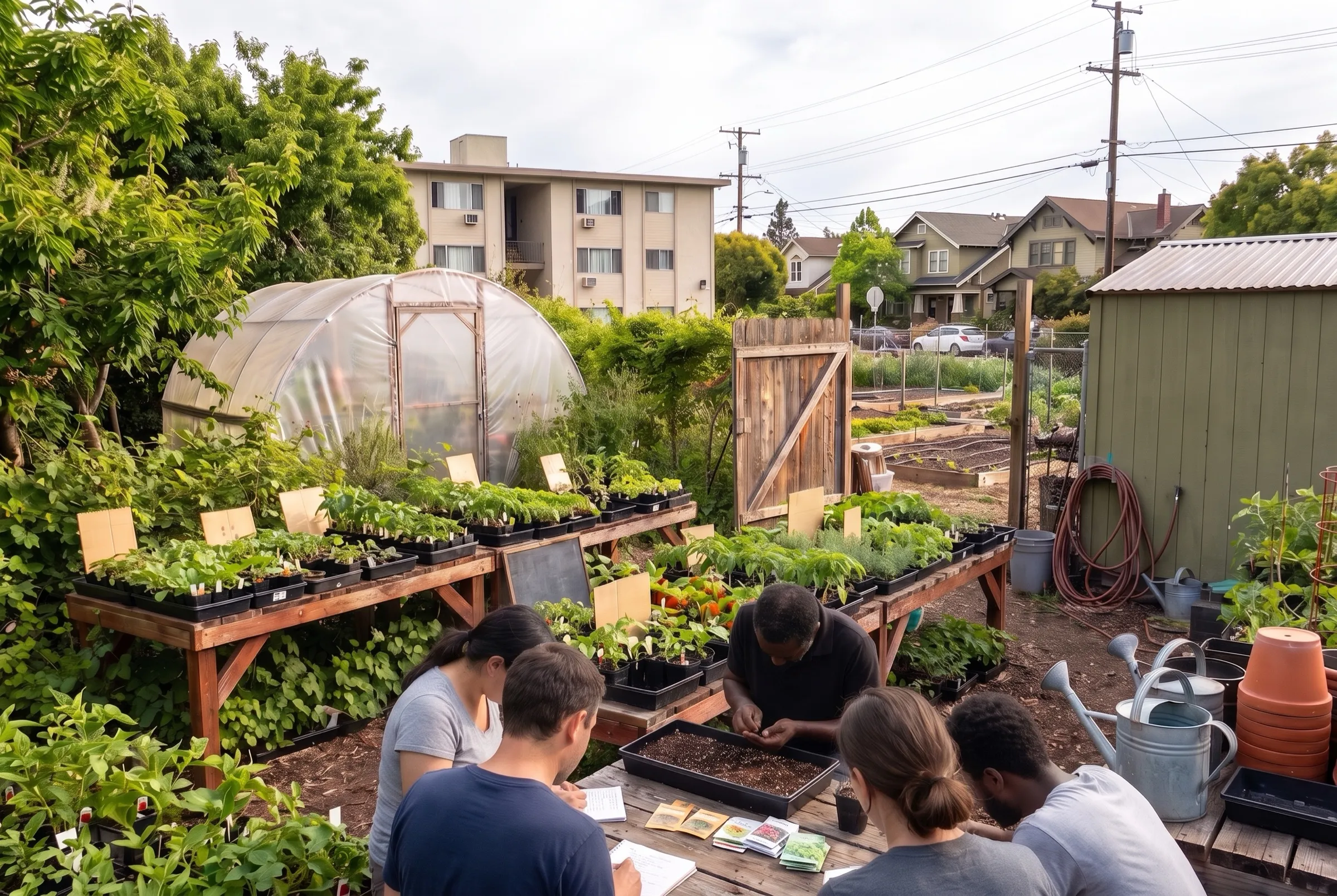 A hands-on workshop gathered around a garden bed
